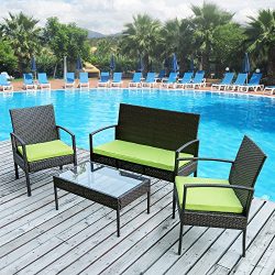 Merax 4 PC Outdoor Rattan Furniture Set Patio Wicker Cushioned Set Garden Sofa Set (Cushion Green)