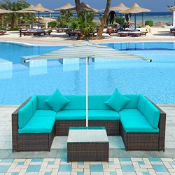 Merax Patio Furniture Set PE Rattan Sectional Garden Furniture Corner Sofa Set (7 Pieces, Blue)