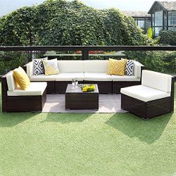 7PCS Patio Furniture Conversation Set,Outdoor Sectional Sofa Set All Weather Brown Wicker Furnit ...