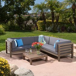 Ravello Outdoor Patio Furniture 4 Piece Wooden Sectional Sofa Set w/ Water Resistant Cushions (Grey)