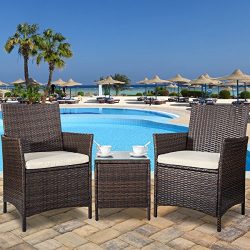 Merax 3 Piece Cushioned Patio PE Rattan Furniture Set Outdoor Garden Wicker Set with Beige Cushi ...