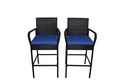Outime Outdoor Patio Furniture Rattan Black Wicker Cushioned Barstool Set（Royal Blue Cushions,S ...
