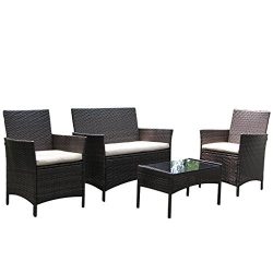 Outdoor Wicker Patio Furniture Set Wicker Chairs and Glass Coffee Table w/ Cushions, 4PC