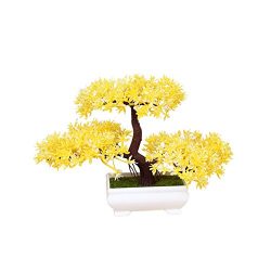 Frjjthchy Mini Artificial Bonsai Tree Plants with Plastic Cement Pots for Home Office Décor (Yellow)