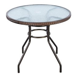 Tangkula 31 1/2″ Brown Patio Rattan Round Table Tempered Glass Furniture Outdoor Coffee Dining