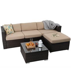 PHI VILLA 5-Piece Outdoor Rattan Sectional Sofa- Patio Wicker Furniture Set, Beige