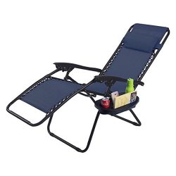 Folding Reclining Lounge Chair Outdoor Beach Patio W/Utility Tray (Navy)