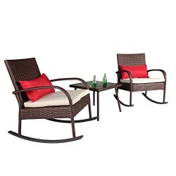 Cloud Mountain Outdoor 3 Piece Rocking Chair Set Wicker Rattan Bistro Set Wicker Furniture ̵ ...