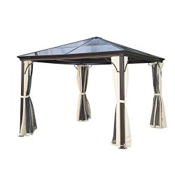 Outsunny 10’ x 10’ Aluminum Hardtop Gazebo w/ Curtains and Nets- Black/Brown/Beige