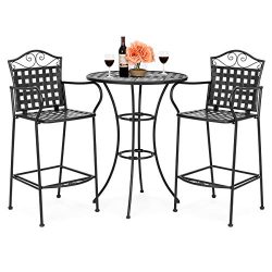 Best Choice Products 3-Piece Woven Pattern Wrought Iron Patio Bar Height Bistro Table Set w/ 2 C ...