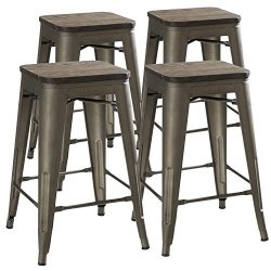 24″ Counter Height Bar Stools! (RUSTIC GUNMETAL & Wooden Seat) by UrbanMod, [Set Of 4] ...
