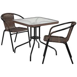 Flash Furniture 28” Square Glass Metal Table with Dark Brown Rattan Edging and 2 Dark Brow ...