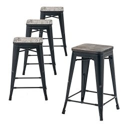 Buschman Set of Four Matte Black Wooden Seat 24 Inches Counter Height Metal Bar Stools, Indoor/O ...