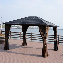 Outsunny 12’ x 10’ Steel Hardtop Outdoor Gazebo with Curtains – Brown/Black