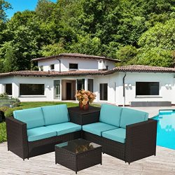 MeiYi 4PCS All-Weather Cushioned Outdoor Garden Storage Box Function Sofa Set Patio PE Rattan Wi ...