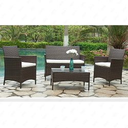 Mecor Outdoor Rattan Wicker Patio Furniture Set Sectional Cushioned Sofa & Table Garden/Back ...