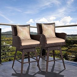 Sundale Outdoor Patio Garden Wicker Swivel Bar Stool with Cushion and Throw Pillow, 2PCS Set