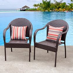 Sundale Outdoor Deluxe Wicker Dining Chairs with Arms and 2 Throw Pillows Set of 2