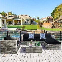 Cloud Mountain 6 Piece Rattan Wicker Furniture Set Outdoor Patio Garden Sectional Sofa Set Cushi ...