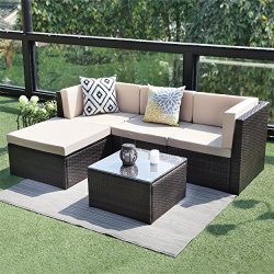 Outdoor Conversation Set Patio Furniture,Wisteria Lane 5PCS Sectional Sofa Set Wicker Glass Tale ...