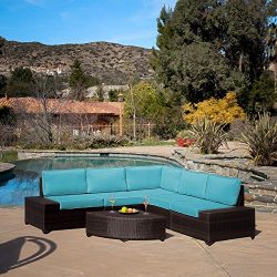 Diensday Outdoor Wicker furniture 6 Piece Brown Patio Sectional Sofa Set Clearance with Sky-Blue ...