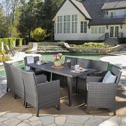 Cerrenne Outdoor 9 Piece Grey Wicker Rectangular Dining Set with Light Grey Water Resistant Cushions