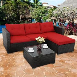 PHI VILLA 3-Piece Outdoor Rattan Sectional Sofa- Patio Wicker Furniture Set, Red