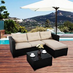 PHI VILLA 3-Piece Outdoor Rattan Sectional Sofa- Patio Wicker Furniture Set, Beige