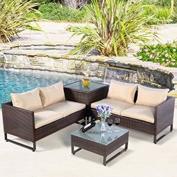 Tangkula 4PCS Patio Sofa Set Wicker Rattan Outdoor Garden Lawn Cushioned Seat with Storage Conve ...