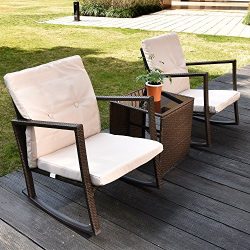 3 Piece Outdoor Patio Furniture Set – Rattan Rocking Wicker Chairs and Glass Coffee Table  ...