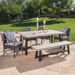 Louise Outdoor 6 Piece Grey Wicker Dining Set with Light Grey Sandblast Finish Acacia Wood Table ...