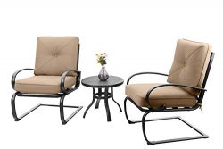 PHI VILLA Motion Patio Big X Design C-Spring Metal Chairs Set 2 and Bistro Table with Beige Cush ...