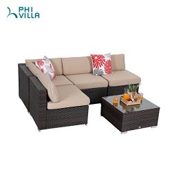 PHI VILLA 5-Piece Rattan Sectional Sofa Patio Furniture Set with Seat Cushions, Beige