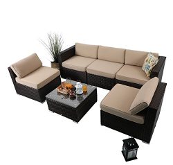 PHI VILLA 6-Piece Outdoor Rattan Sectional Sofa- Patio Wicker Furniture Set,Beige