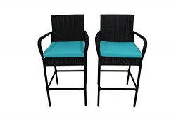 Outdoor Patio Furniture Rattan Black Wicker Cushioned Barstool Set（Turquoise Cushions,Set of 2)