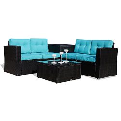 Patio Furniture Sectional Sofa 6 Piece All-Weather Black Wicker Rattan with Cushions & Glass ...