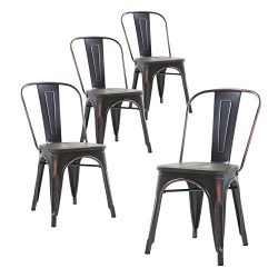 Buschman Set of Four Distressed Black Wooden Seat Tolix-Style Metal Indoor/Outdoor Stackable Cha ...