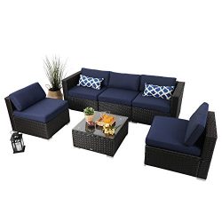 PHI VILLA 6-Piece Outdoor Rattan Sectional Sofa- Patio Wicker Furniture Set ,Blue