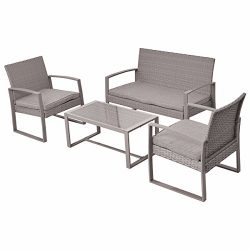 Giantex 4pc Patio Furniture Set Cushioned Outdoor Wicker Rattan Garden Lawn Sofa Seat (Light Gray)