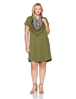 OneWorld Women’s Plus Size Short Sleeve Solid Knee Length Dress with Attached Scarf, Gazeb ...