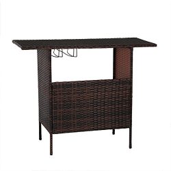 AECOJOY Patio PE Wicker Bar Table Brown Rattan Shelves Counter Garden Outdoor Furniture