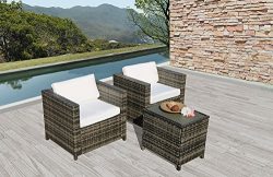 PATIOROMA Outdoor Furniture All Weather Grey Wicker 3 Piece Conversation Set, Two Single Chairs  ...