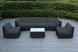 Ohana 7-Piece Outdoor Patio Furniture Sectional Conversation Set, Black Wicker with Gray Cushion ...