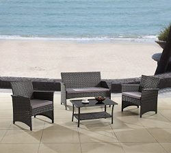 Modern Outdoor Garden, Patio 4 Piece Seat – Gray, Espresso Wicker Sofa Furniture Set (Grey)