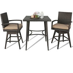 Ulax furniture Outdoor Patio Wicker Bar Set with Cushioned Swivel Stools, Bar Table x 1, Stool x ...