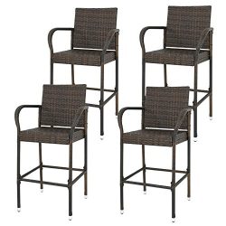 BBBuy Wicker Bar Stool Outdoor Backyard Chair Patio Furniture With Armrest