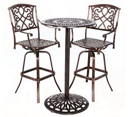 HOMEFUN Outdoor Swivel Bar stools Bistro Pub Table Set Cast Aluminum Bar Height Patio Set of 3(A ...