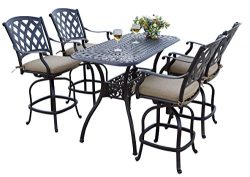 Darlee 5 Piece Ocean View Cast Aluminum Counter Height Bar Set with Seat Cushions, 26” x 5 ...