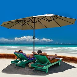 Tangkula 15 Ft Patio Umbrella Double-Sided Steel Outdoor Market Table Umbrella with Crank (Beige)