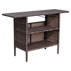 Outsunny PE Wicker Rattan Patio Bar Counter Table Serving Station With Storage Shelves